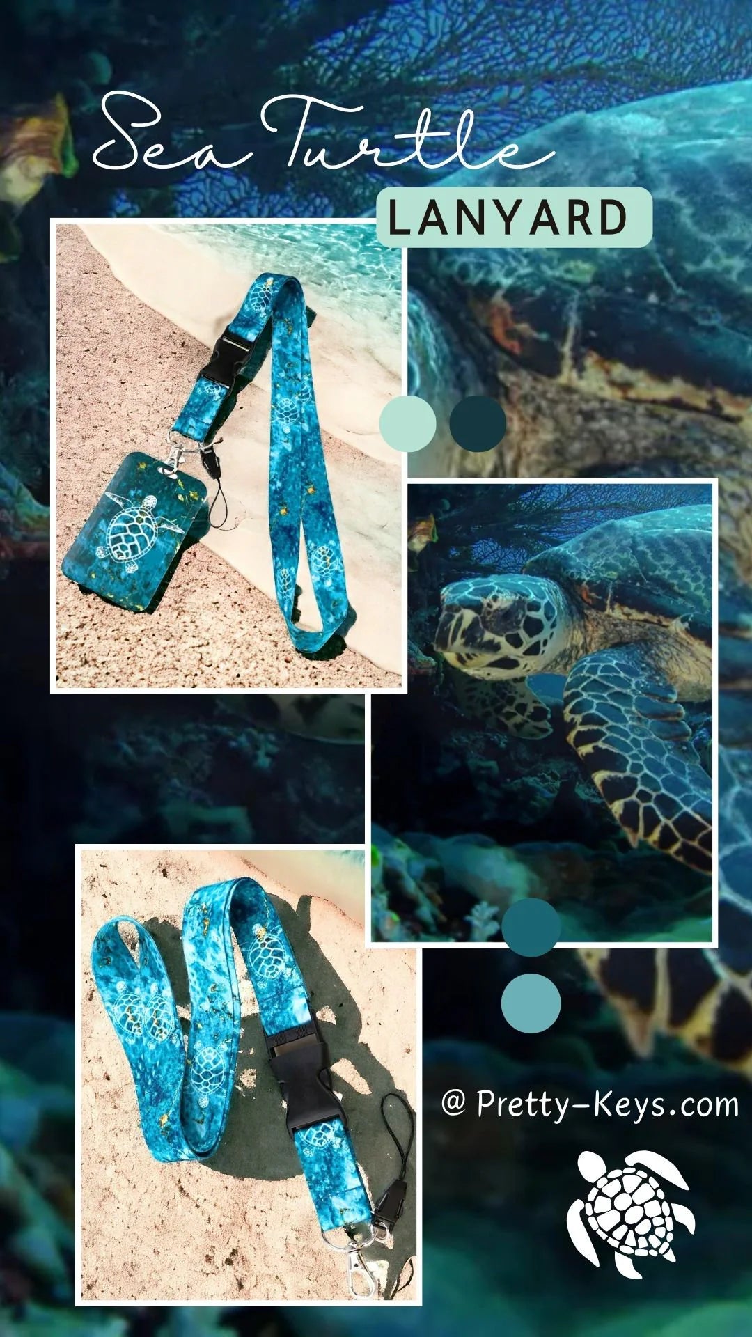 Sea Turtle Lanyard Badge, Cell Phone, ID Card Holder, Keychain Neck Strap Keyring safety breakaway.