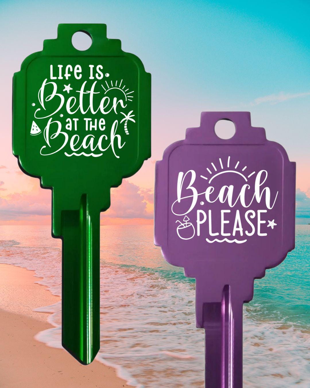 Beach Lover's Large House Key Personalized Anodized Aluminum Custom Engraved Kwikset Summer Time
